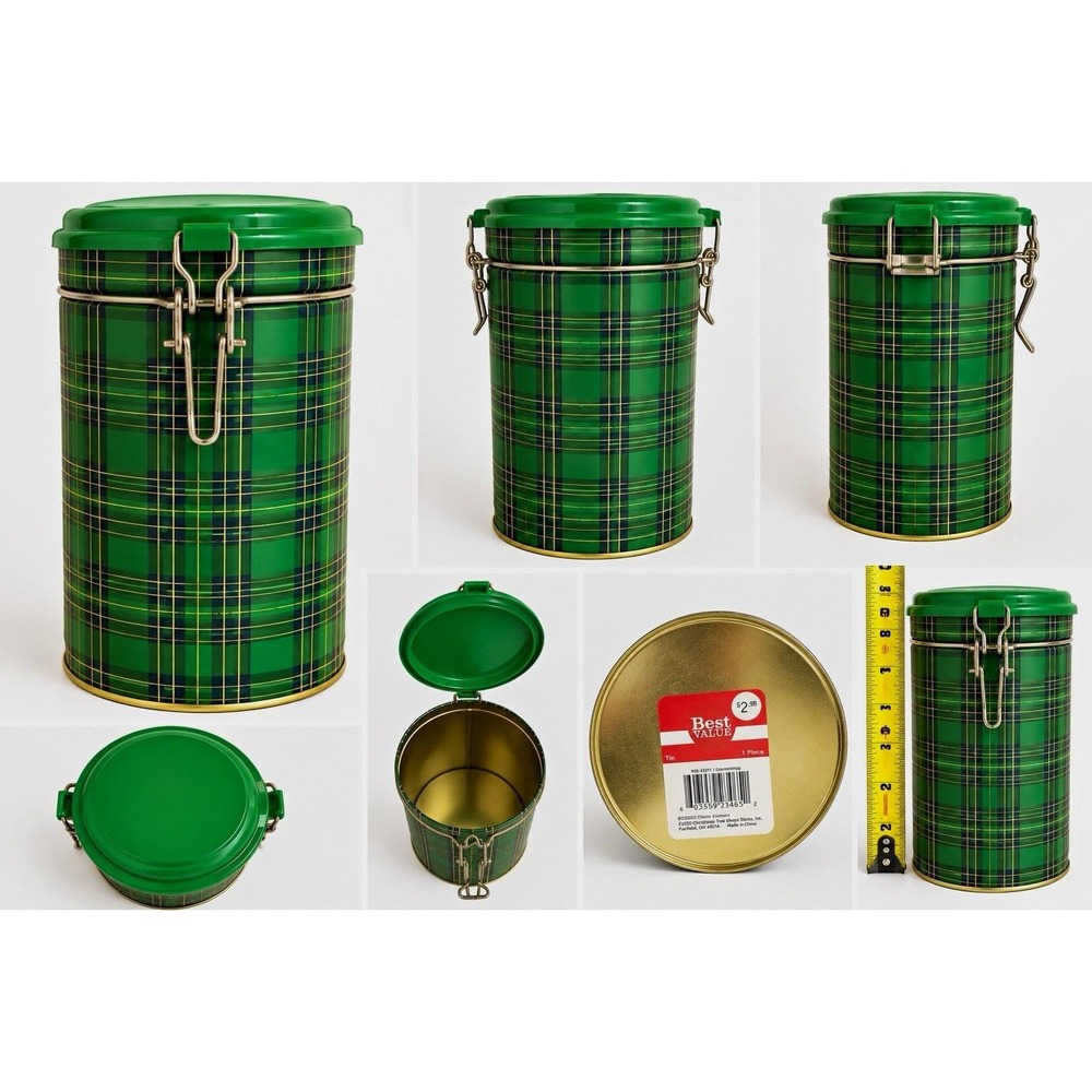 Green Tartan Plaid Metal Canister Tin Clamp Lock Lid Christmas Storage 8"